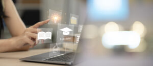 Concept of Online education. man use Online education training and e-learning webinar on internet for personal development and professional qualifications. Digital courses to develop new skills.