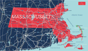 Massachusetts state detailed editable map with cities and towns, geographic sites, roads, railways, interstates and U.S. highways. Vector EPS-10 file, trending color scheme